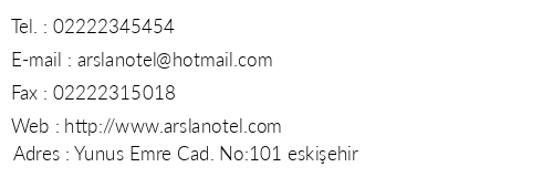 Arslan Otel telefon numaralar, faks, e-mail, posta adresi ve iletiim bilgileri